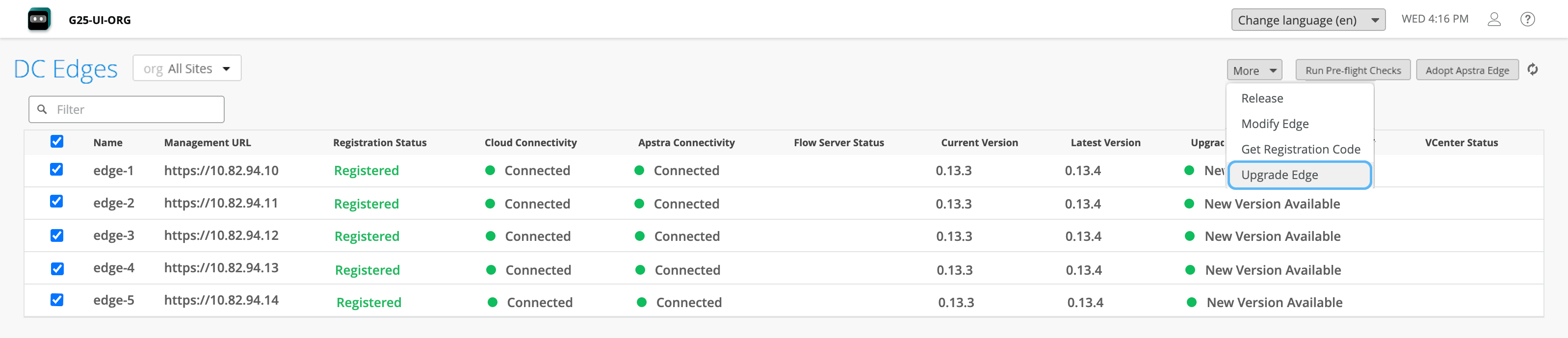 User interface for managing DC Edges, displaying edge names with details like management URL, registration status, cloud connectivity, Apstra connectivity, flow server status, software versions, and upgrade status, with options to release, modify, upgrade, or adopt edges.