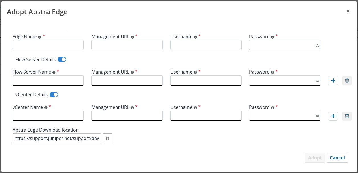 Adopt Apstra Edge dialog box with fields for Edge details, Flow Server details, and vCenter details.