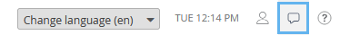 Dropdown menu for changing language, timestamp showing TUE 12:14 PM, user profile icon, speech bubble for messages or notifications, and help icon.