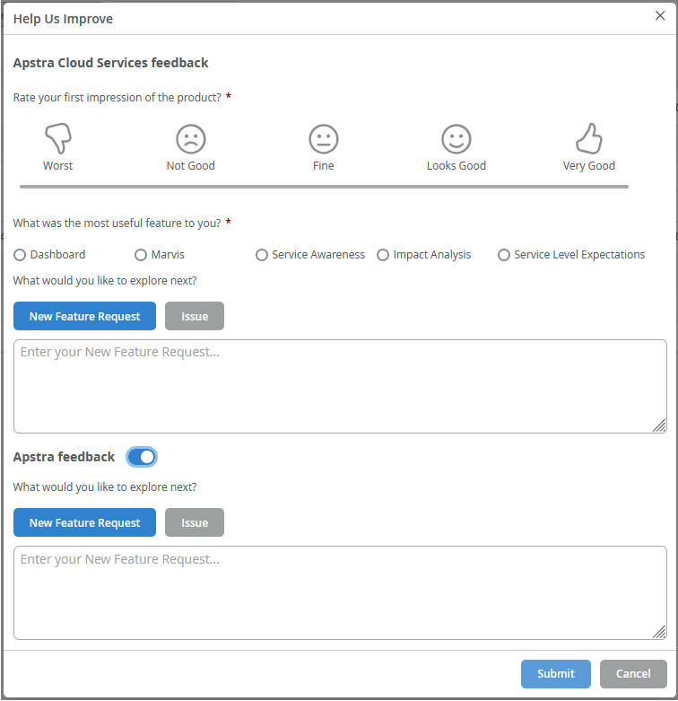 Feedback form for Apstra Cloud Services with sections for rating first impression, selecting the most useful feature, exploring features, requesting new features, reporting issues, toggling Apstra feedback, and submitting or canceling the form.
