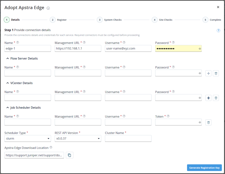Adopt Apstra Edge wizard page to add Edge connection details.