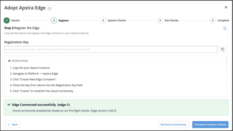 Adopt Apstra Edge wizard page to register the Edge.