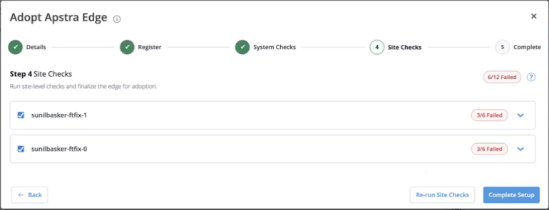 Adopt Apstra Edge wizard page with site check results.