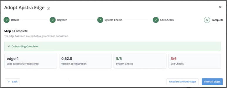 Adopt Apstra Edge wizard page with onboarded Edge version, status, and system and site check results.