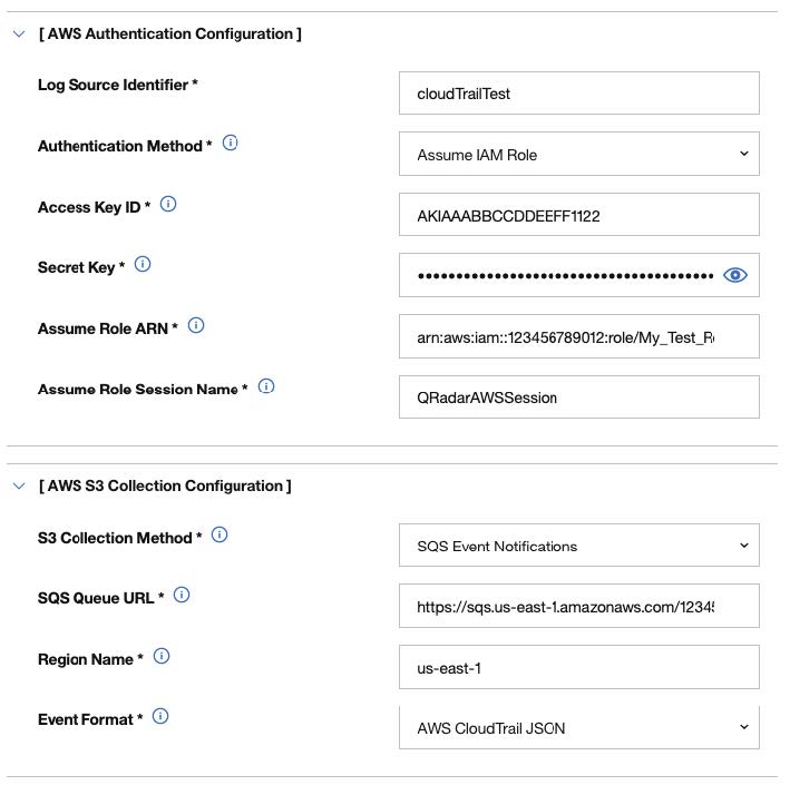 Example: Amazon AWS CloudTrail log source configuration in JSA