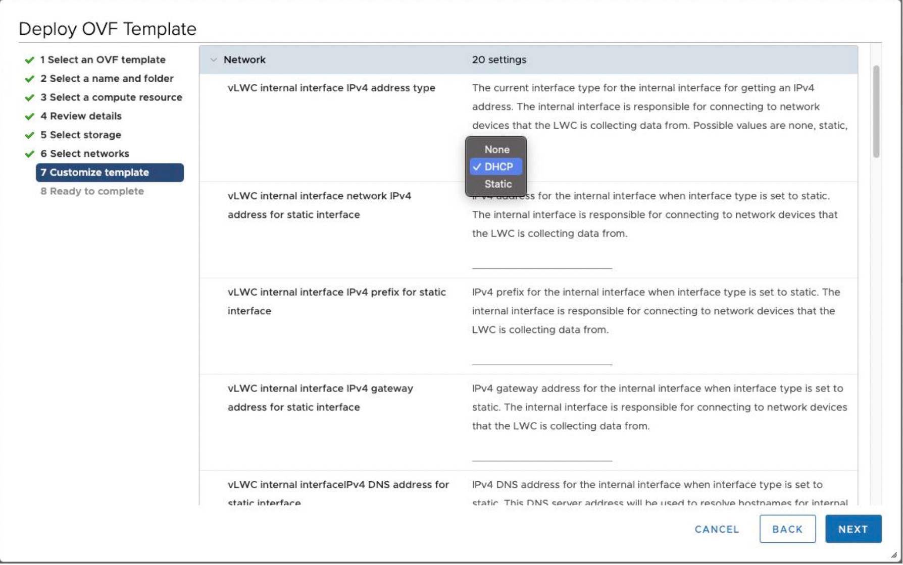 Step 7 Customize template in OVF deployment; network settings with options for IPv4 address type: None, DHCP, Static.