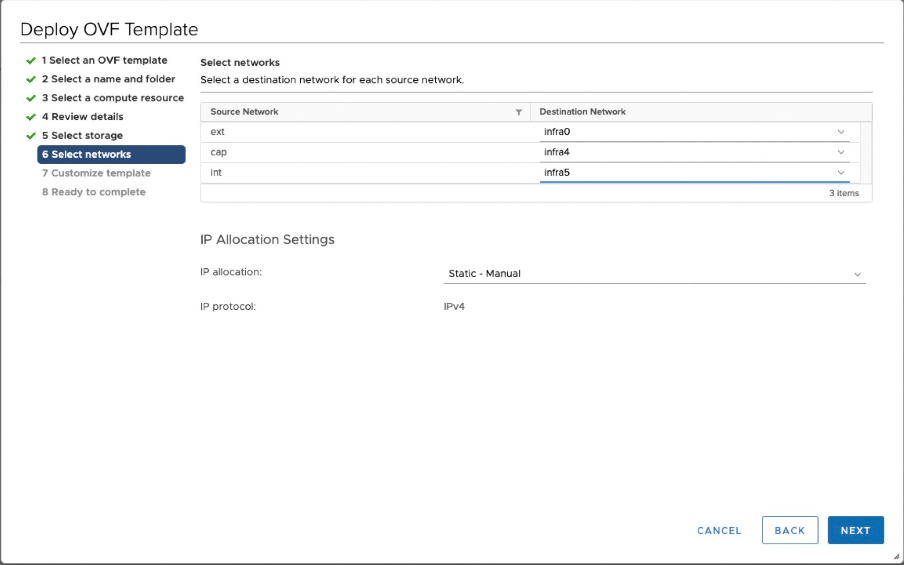 Select networks step in OVF deployment in VMware vSphere. Source networks ext, cap, int map to infra0, infra4, infra5. IP allocation is Static - Manual, protocol IPv4.