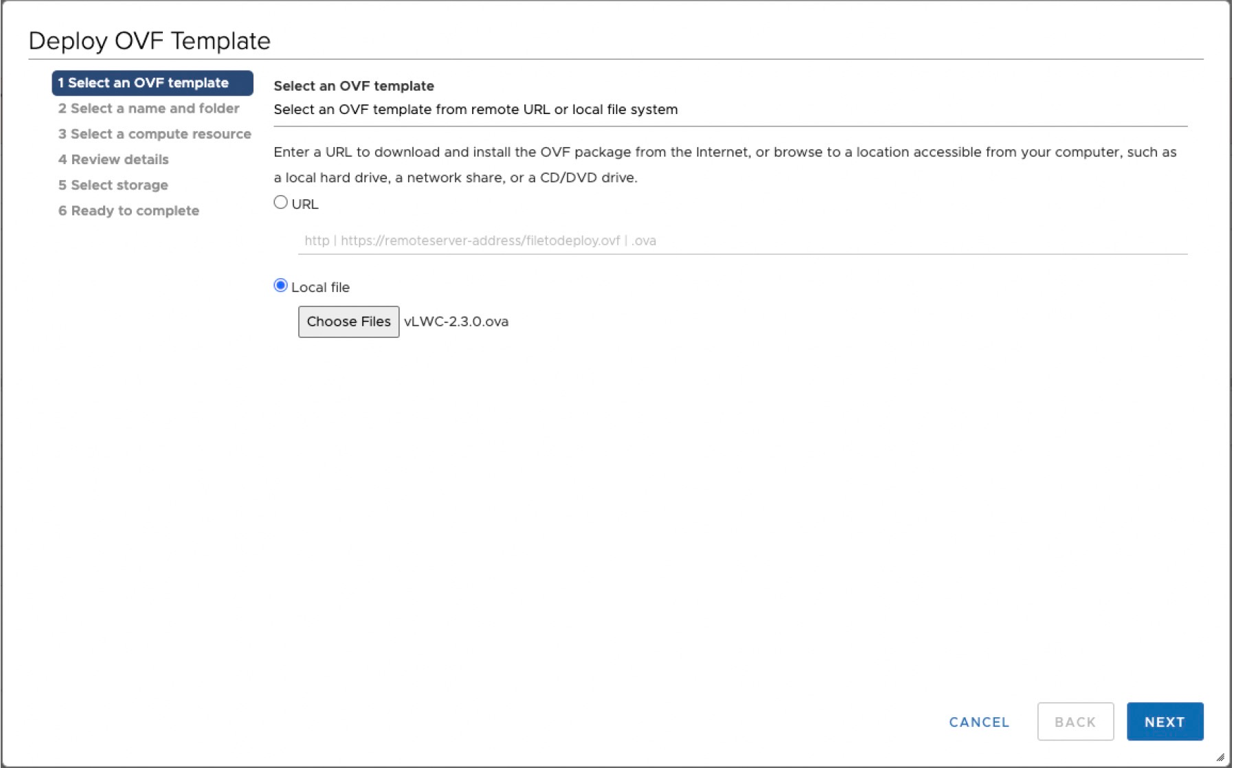 Deploy OVF Template wizard in VMware vSphere shows Step 1: Select an OVF template. Local file vLWC-2.3.0.ova is chosen.
