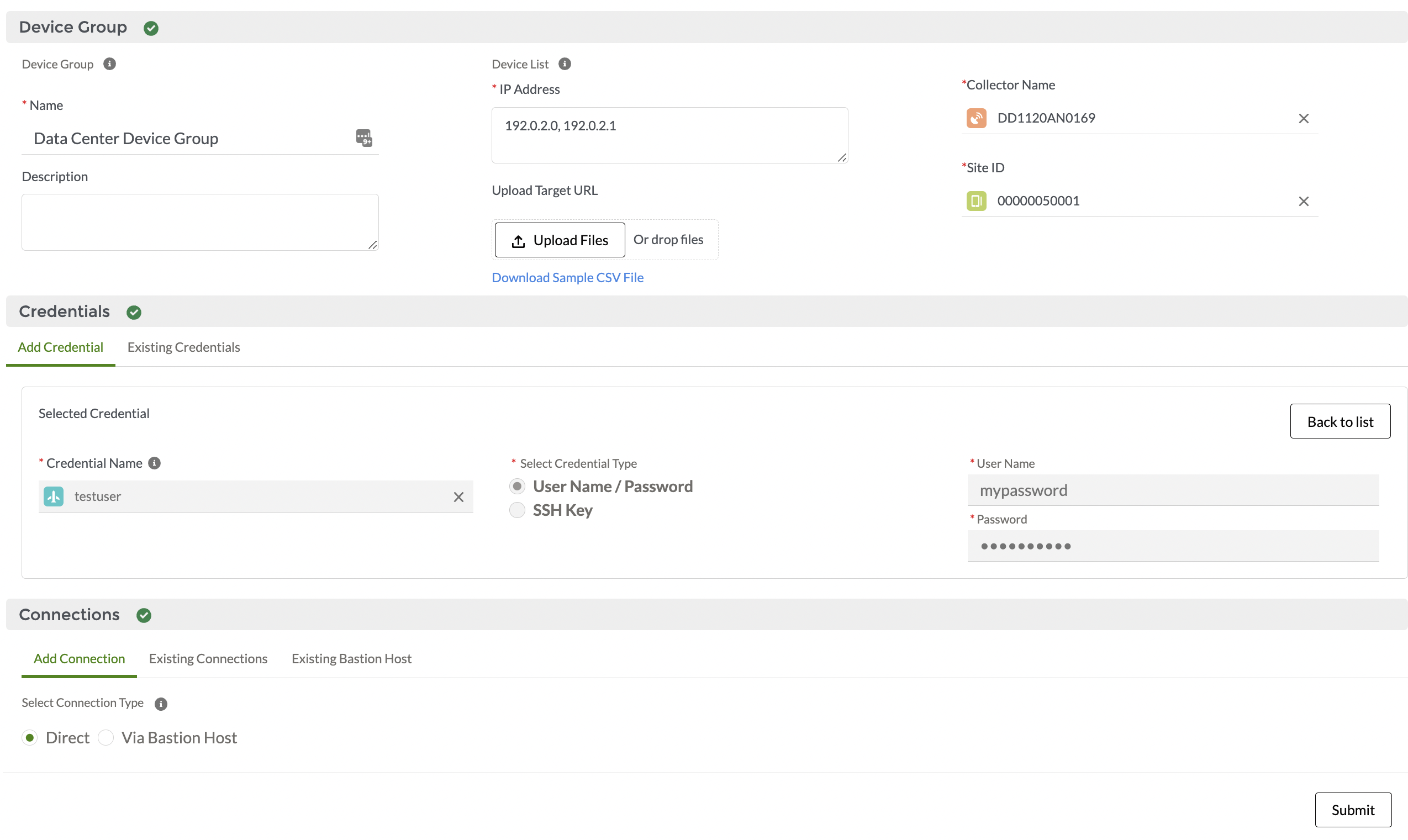 Configuration interface for managing devices, credentials, and connections. Device group: Data Center Device Group. IPs: 192.0.2.0, 192.0.2.1. Collector Name: DD1120AN0169. Site ID: 00000050001. Credential: testuser. Connection options: Direct or Via Bastion Host. Submit button to apply settings.