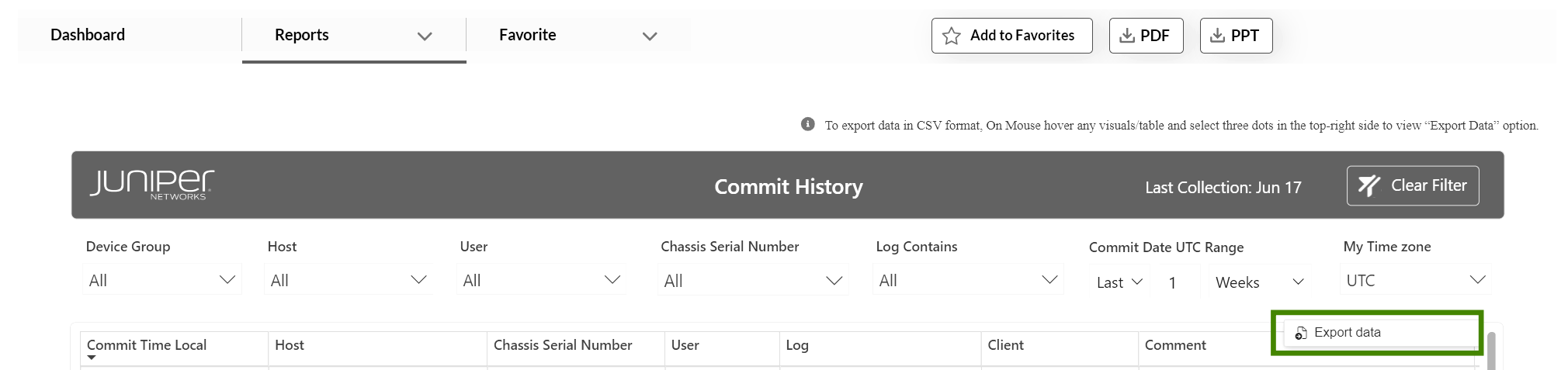 Juniper Networks Commit History UI with filter options by device group, host, user, and buttons to export data in PDF or PPT format.