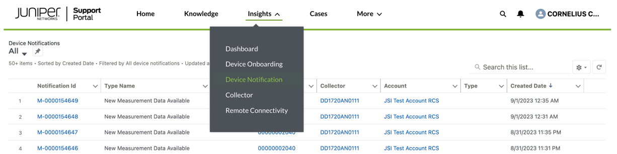 Juniper Networks Support Portal Device Notifications section under Insights menu showing table with notifications for monitoring and management.