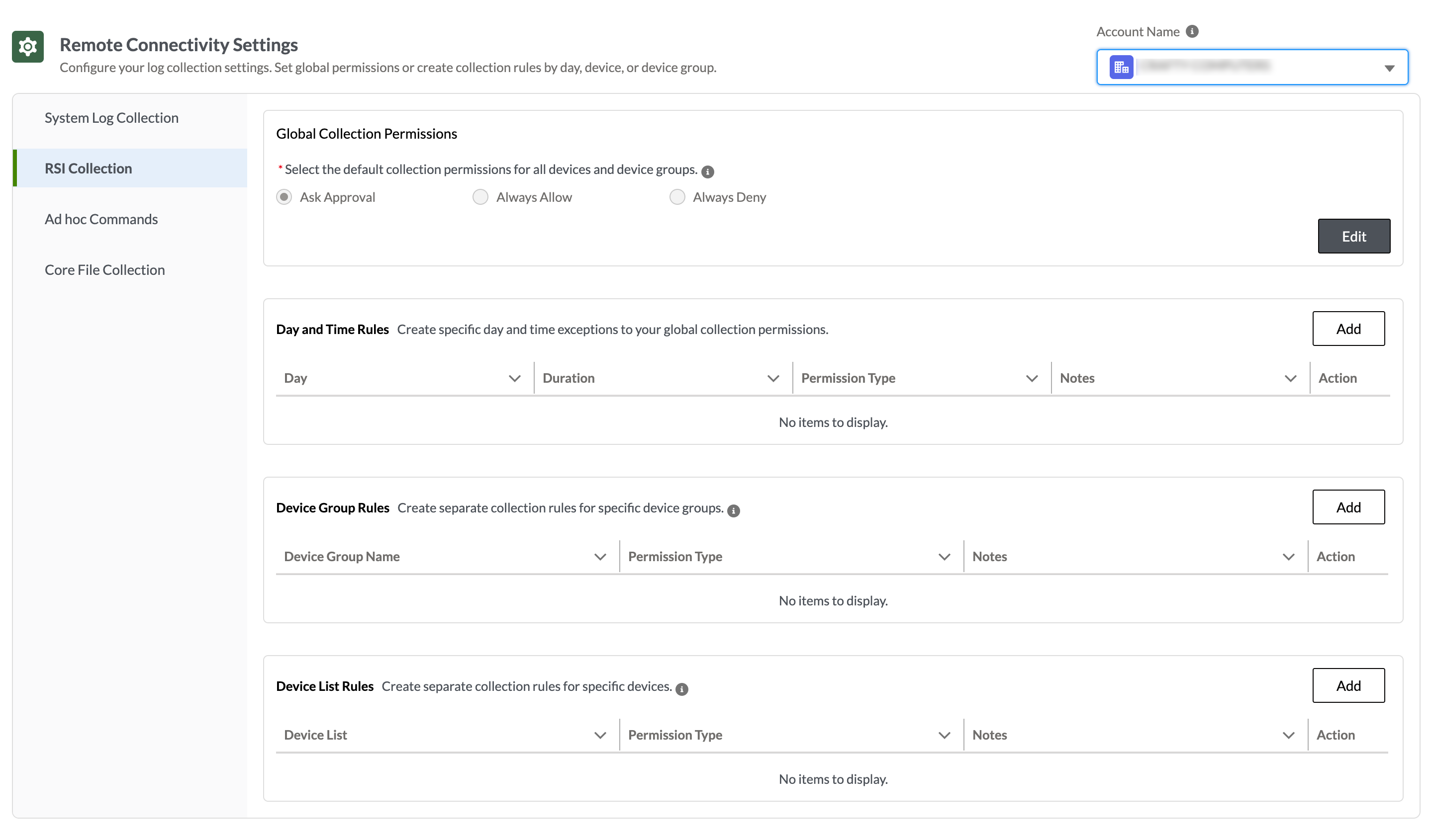 User interface for configuring Remote Connectivity Settings with sidebar navigation, global permissions, day and time rules, and device-specific rules.