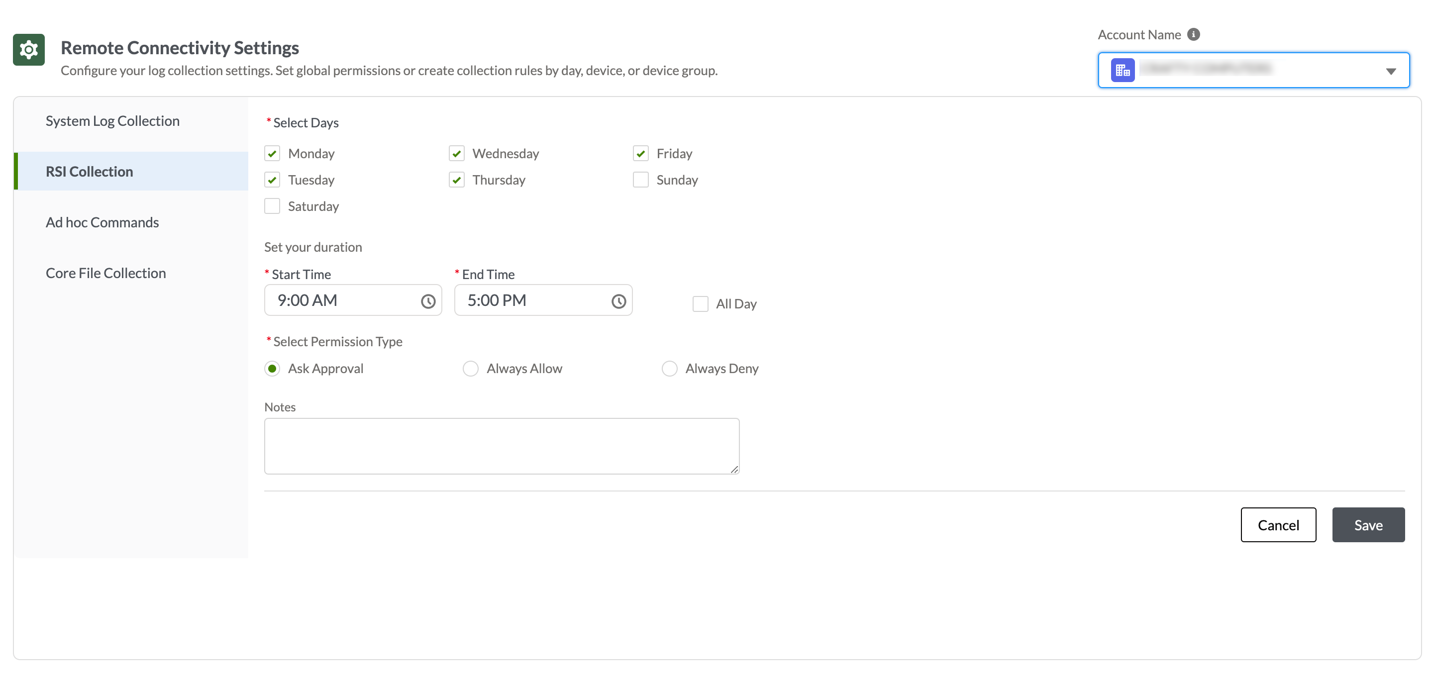 Remote Connectivity Settings UI for RSI Collection with log days Monday to Friday, 9 AM to 5 PM, permission set to Ask Approval.