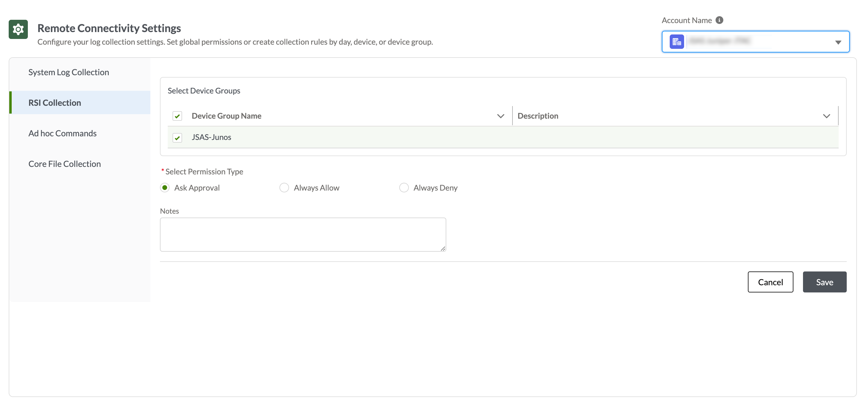 Remote Connectivity Settings interface for configuring log collection and permissions. RSI Collection tab. Device group JSAS-Junos selected. Approval required.