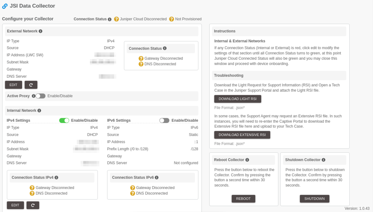 JSI Data Collector interface for configuring and troubleshooting network settings with sections for external and internal networks, active proxy, instructions, troubleshooting options, reboot, and shutdown.