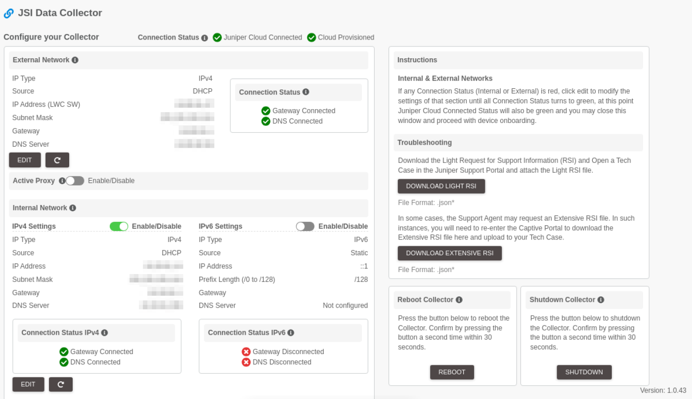 JSI Data Collector interface for configuring and troubleshooting network settings, showing connection status, configuration options for external and internal networks, and tools for downloading support files, rebooting, and shutting down the collector.