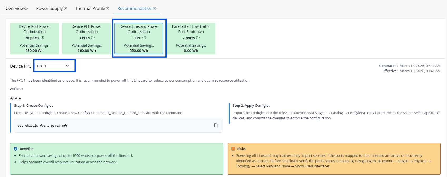 Device Line Card Power Optimization Sample Recommendation