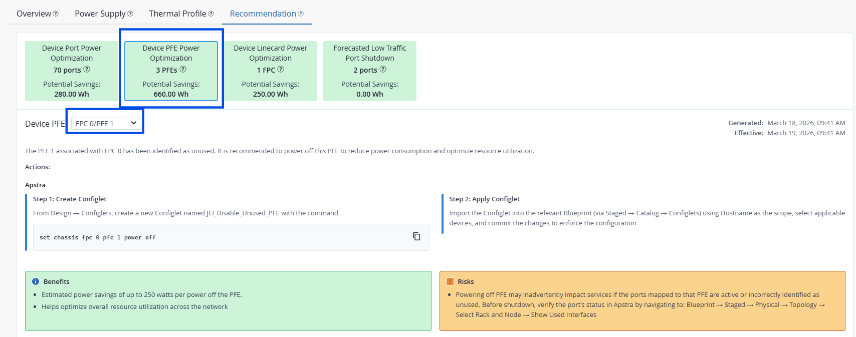 Device PFE Power Optimization Sample Recommendation