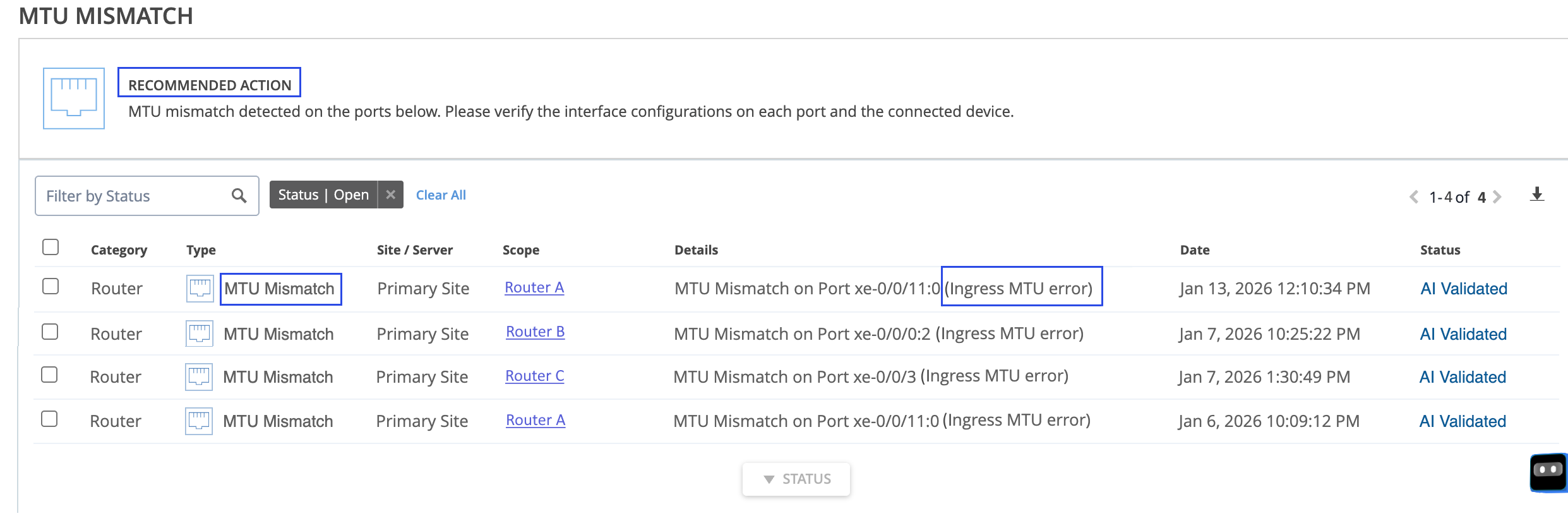 Marvis Actions: MTU Mismatch