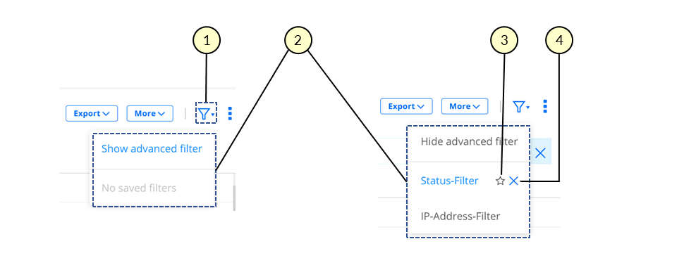 User interface design showing two states of an advanced filter dropdown menu: hidden with "Show advanced filter" button, and expanded with options like Status-Filter and IP-Address-Filter.