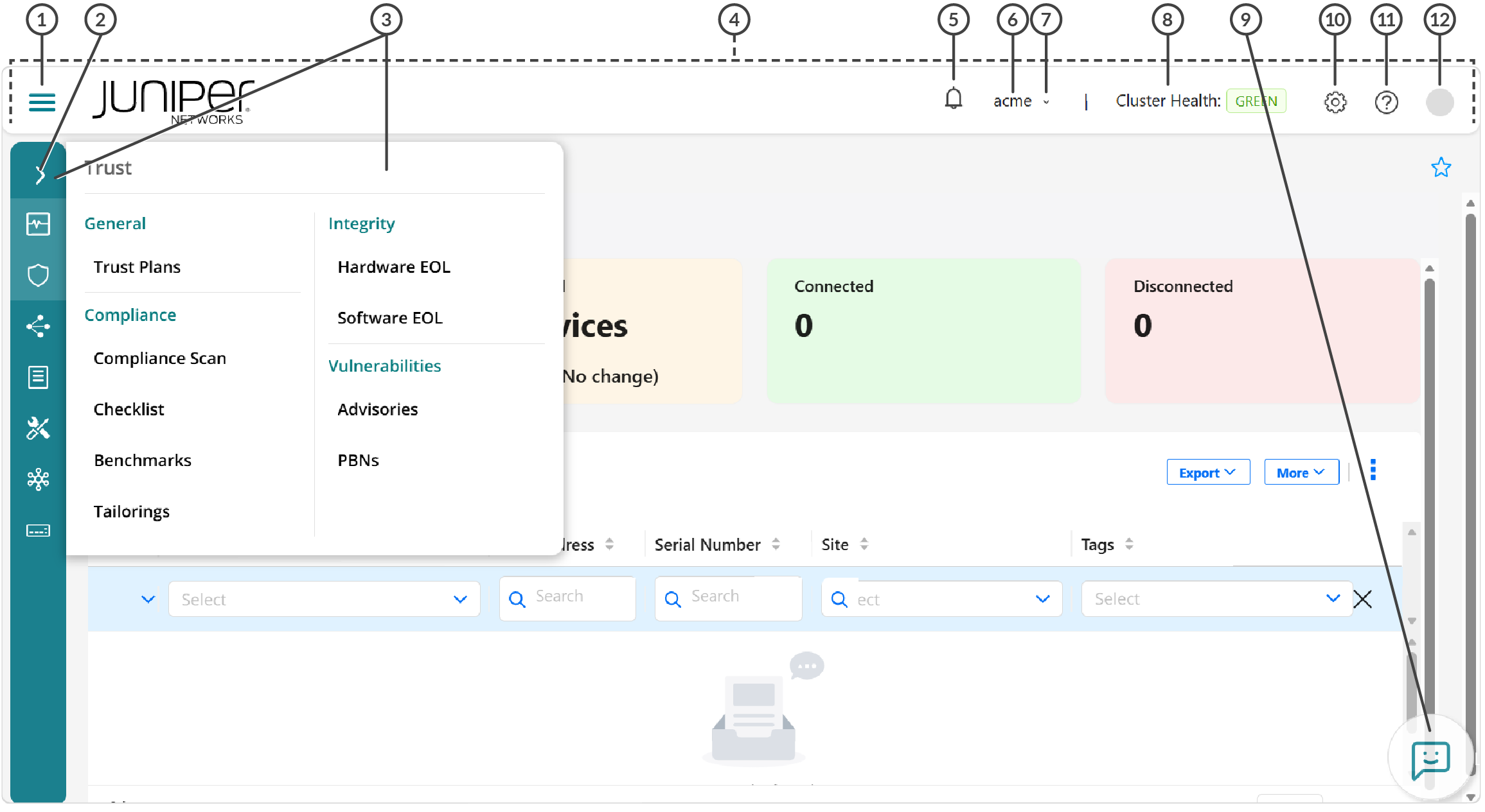 Juniper Networks interface for network management showing navigation menu, device statistics, and a table with no search results found.
