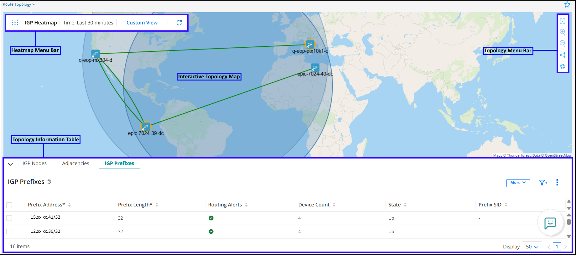 Network topology map interface showing nodes, connections, and an IGP heatmap for monitoring routing. Includes labeled nodes, green connection lines, and a table of IGP prefix details.