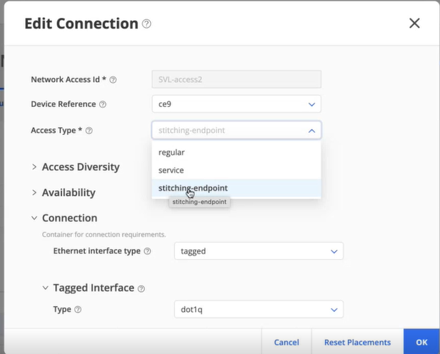User interface for editing a network connection with fields for Network Access Id, Device Reference, Access Type, Access Diversity, Availability, Connection requirements, and buttons for Cancel, Reset Placements, and OK.