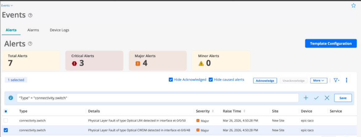Dashboard interface for monitoring system events, showing 7 alerts with critical, major, and minor severity levels. Features include alerts table with details, filter options, search bar, and template configuration button.