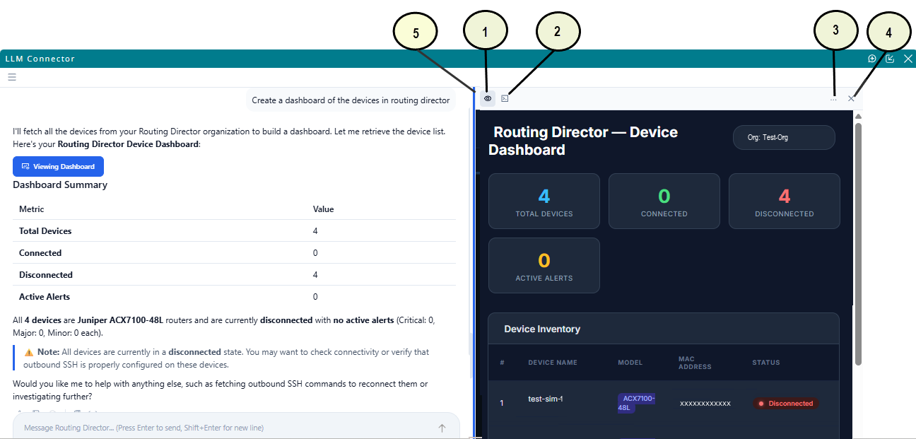 Dashboard for monitoring network devices titled Routing Director — Device Dashboard showing 4 Juniper ACX7100-48L routers, all disconnected with no active alerts. A warning suggests checking connectivity or outbound SSH.