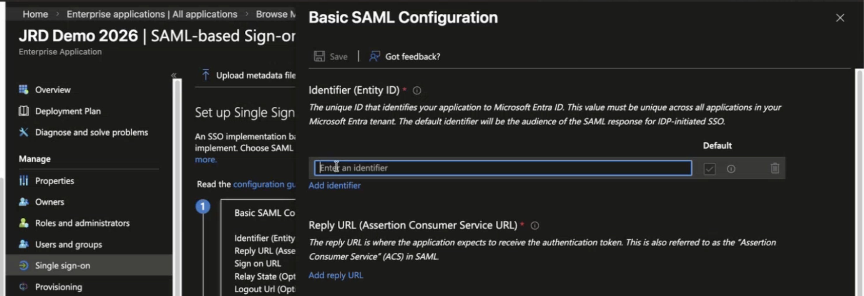 Basic SAML Configuration screen in Microsoft Entra for setting up Single Sign-On with SAML, showing fields for Identifier and Reply URL, and Single sign-on highlighted in the navigation menu.