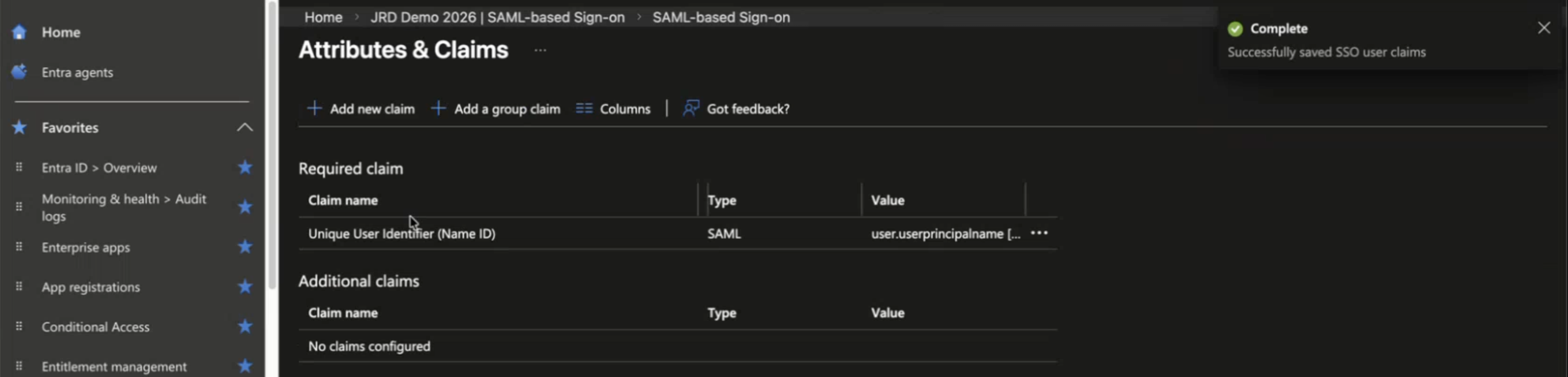 Configuration interface for managing Attributes and Claims in a SAML-based SSO setup. Left panel shows navigation options like Home and Favorites. Main panel titled Attributes and Claims displays a required claim with name Unique User Identifier, type SAML, and value user.userprincipalname. No additional claims are configured. Green notification confirms successful saving of SSO user claims.