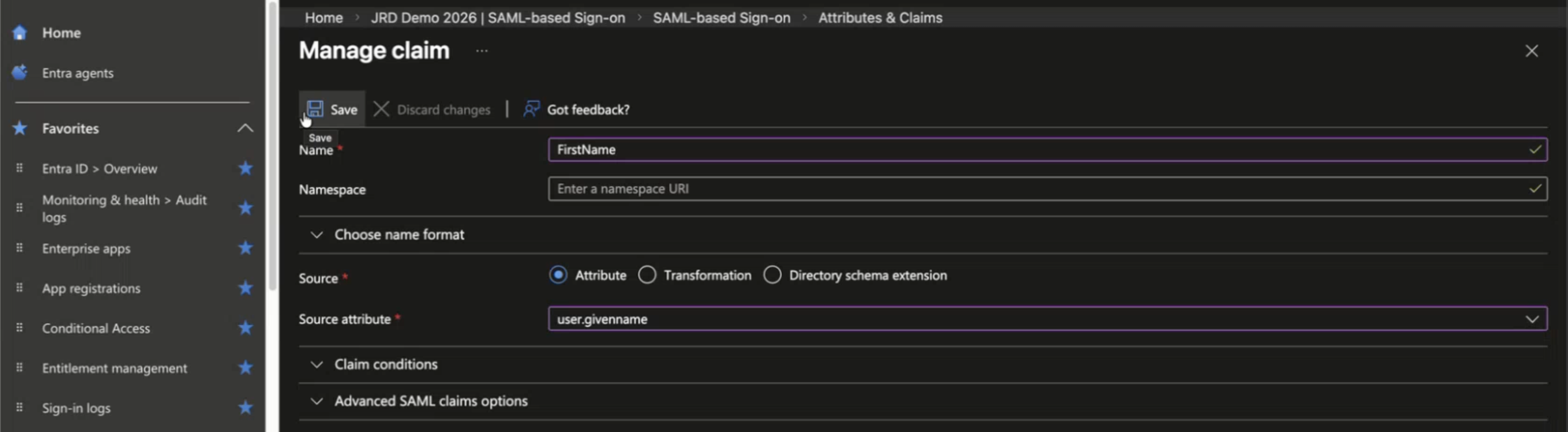 Screenshot of a web interface for managing claims in a SAML-based sign-on system with fields for claim name, namespace, name format, and source set to user.givenname, alongside navigation options like Entra ID Overview and Audit logs.