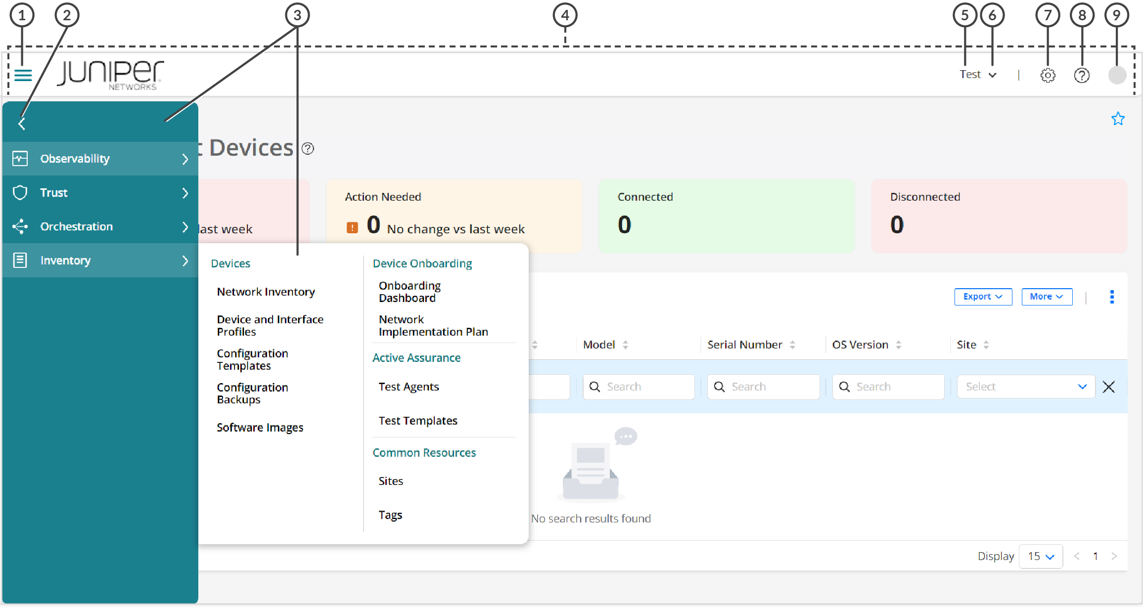 Juniper Routing Director GUI showing the different menu items and banner elements.