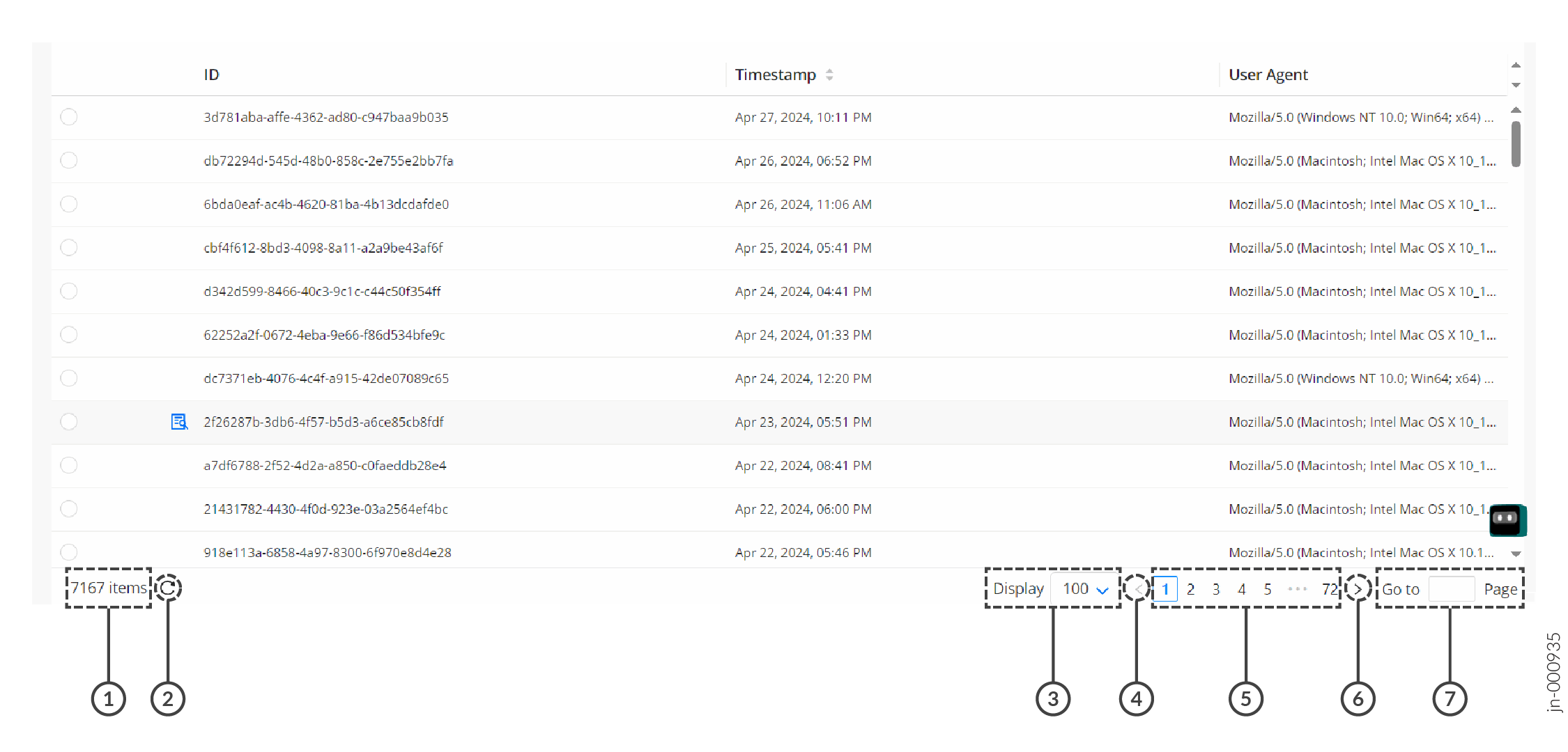 Data table interface with columns ID, Timestamp, and User Agent. Navigation controls for 7167 items, refresh, display dropdown, and page selector.