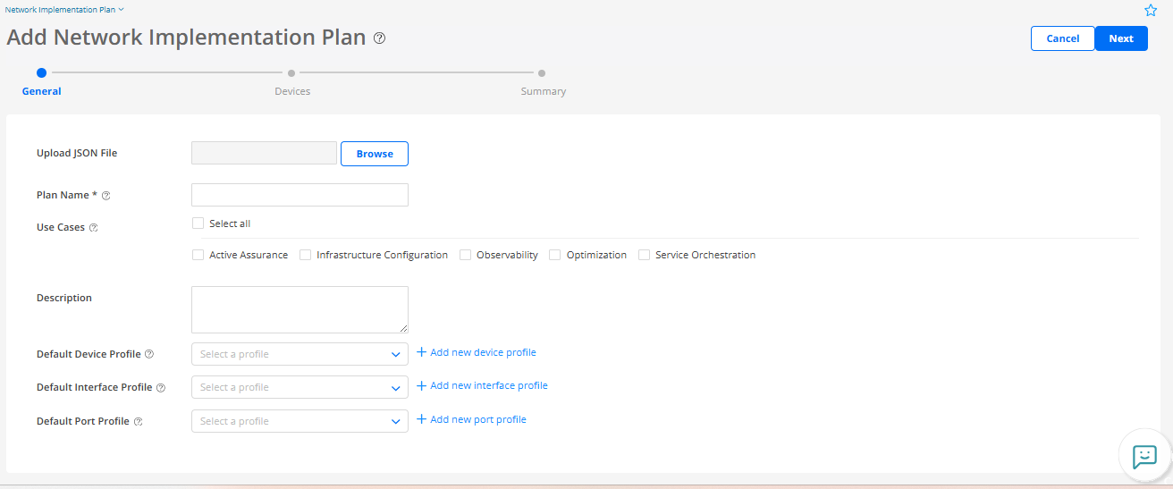 User interface for creating a Network Implementation Plan with fields for uploading JSON file, plan name, description, device and interface profiles, and navigation buttons.