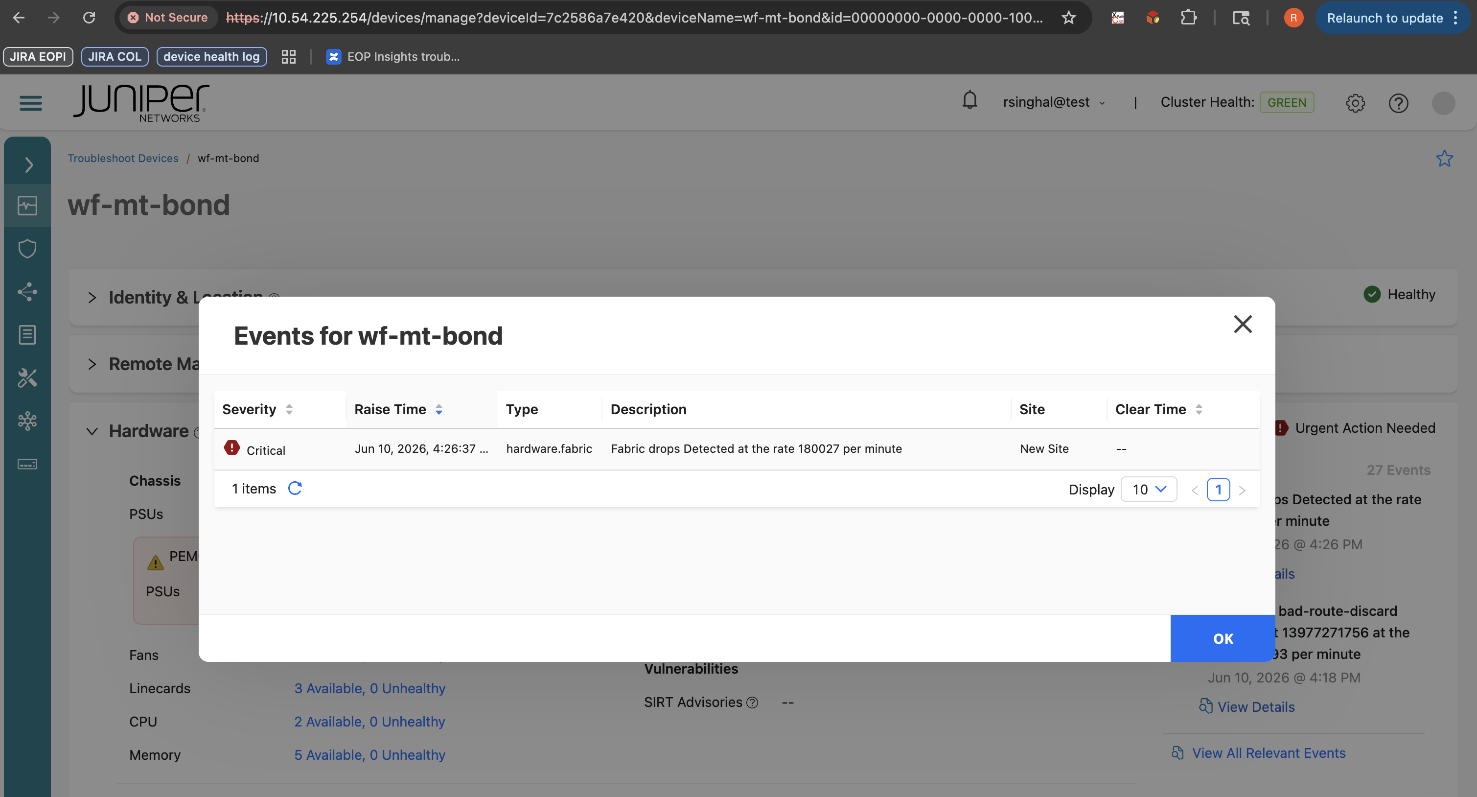 Fabric Issue Listed on Events for Device-Name Page