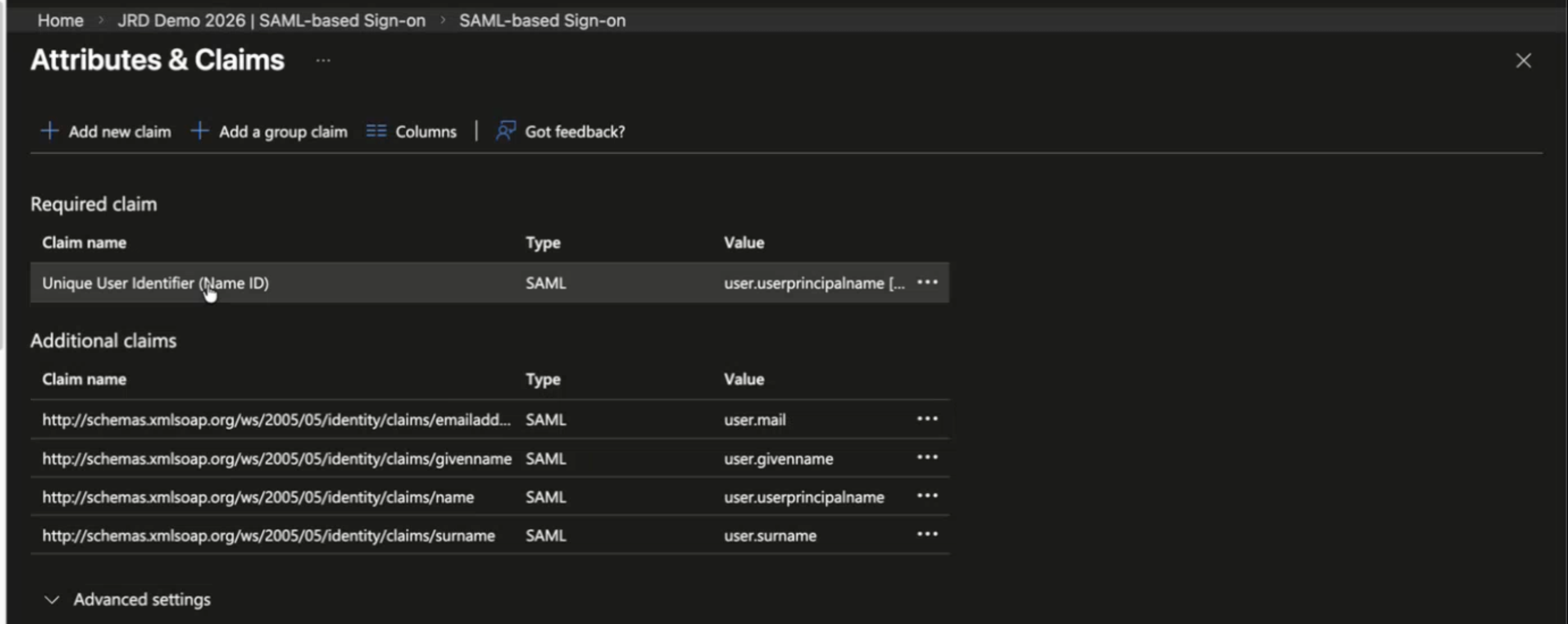 Configuration screen for Attributes and Claims in SAML-based SSO, showing required claim Name ID with value user.userprincipalname and additional claims for email, given name, surname, and user principal name with options to add or adjust claims.