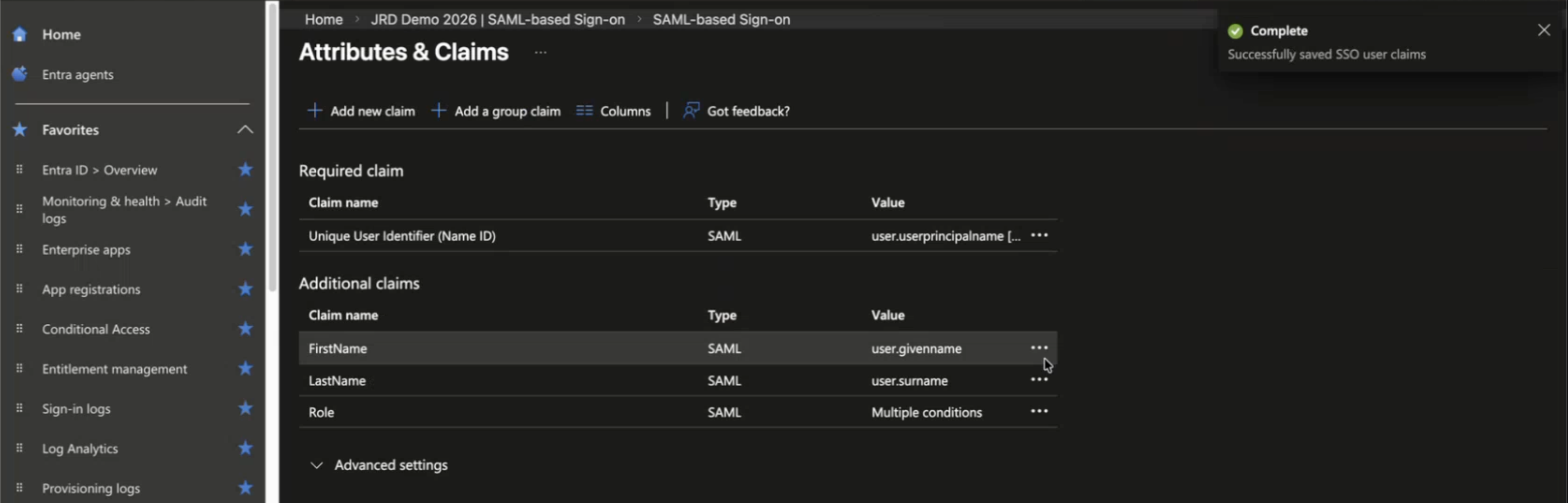 Configuration screen for Attributes and Claims in SAML-based SSO setup, showing required and additional claims mapping user attributes like userprincipalname, givenname, surname, and role.