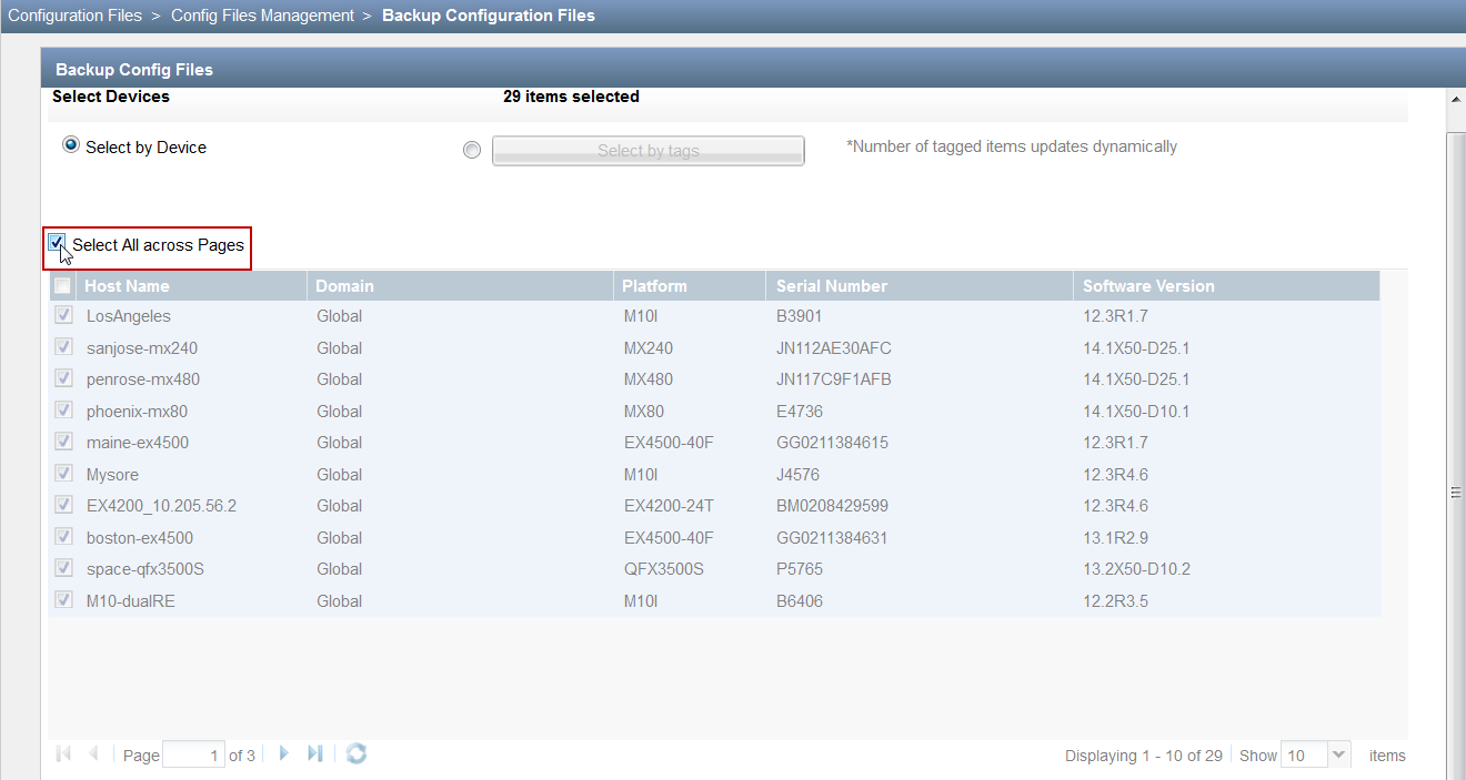 Check Box to Select All Objects Across Multiple Pages: Backup Configuration Files Page