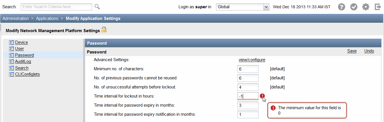 Network management settings interface focusing on password rules. Error message shows lockout time interval must be 0 or higher, currently set to -1.