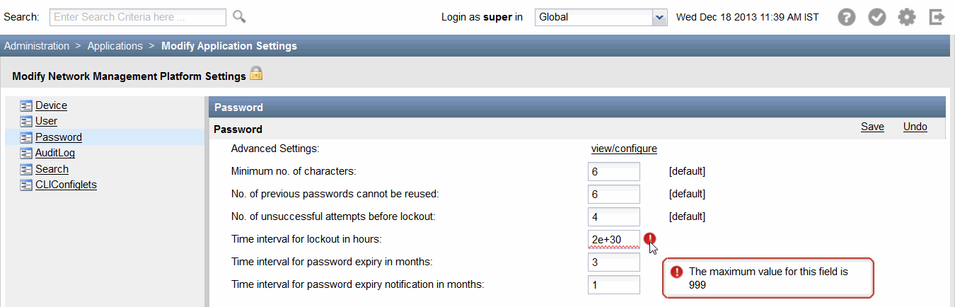 Configuration interface for password settings in a network management platform. Validation error: Time interval for lockout in hours exceeds max value of 999.