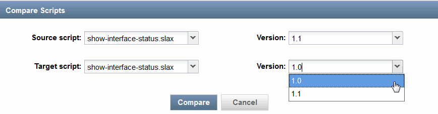 Compare Scripts interface to select and compare versions of the script show-interface-status.slax. Options include source version 1.1 and target versions 1.0 or 1.1 with Compare and Cancel buttons.