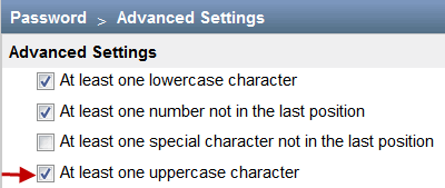 Password settings interface showing requirements: lowercase character checked, number not in last position checked, special character not in last position unchecked, uppercase character checked with red arrow.