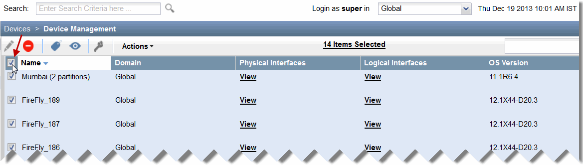 Device management interface screenshot displaying a list of devices with details including name, domain, physical and logical interfaces, OS version, toolbar with action icons, and timestamp Thu Dec 19 2013 10:01 AM IST.