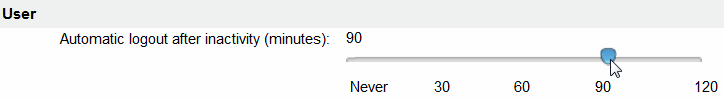 Automatic logout setting with slider set to 90 minutes. Timeout range from Never to 120 minutes.