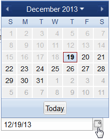 Calendar interface for December 2013 with the date 19 highlighted and displayed as 12/19/13. Includes a Today button and an icon to toggle the calendar.