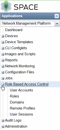 Screenshot of Junos Space Network Management Platform navigation menu highlighting Role Based Access Control section with sub-options User Accounts, Roles, Domains, Remote Profiles, and User Sessions.