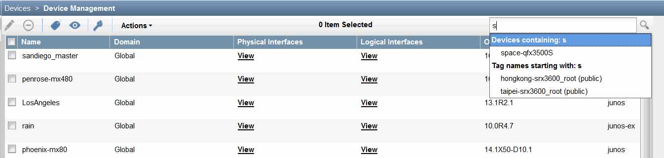 Device Management interface showing a search bar with entered letter s and dropdown listing devices including sandiego_master, penrose-mx480, LosAngeles, rain, phoenix-mx80. Each device has clickable View links for physical and logical interfaces.