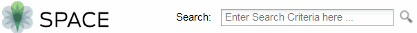 Search bar interface with SPACE logo, text field placeholder Enter Search Criteria here, and magnifying glass icon.
