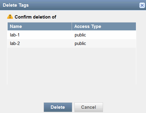 Delete Tags dialog box prompting confirmation to delete lab-1 and lab-2 with public access. Buttons: Delete and Cancel.